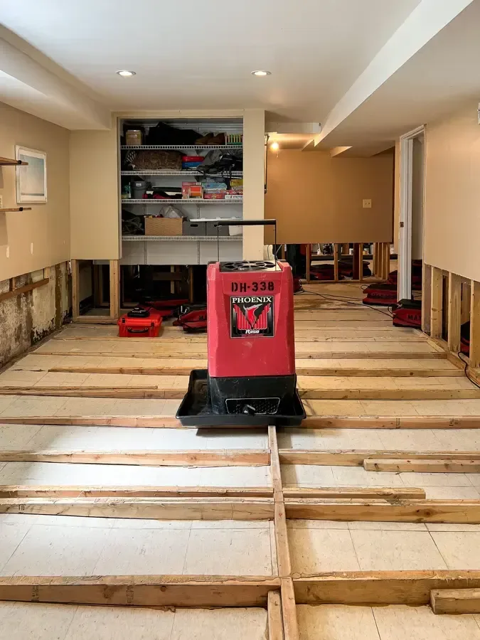 A dehumidifier stands over exposed floor joists in a room undergoing drying