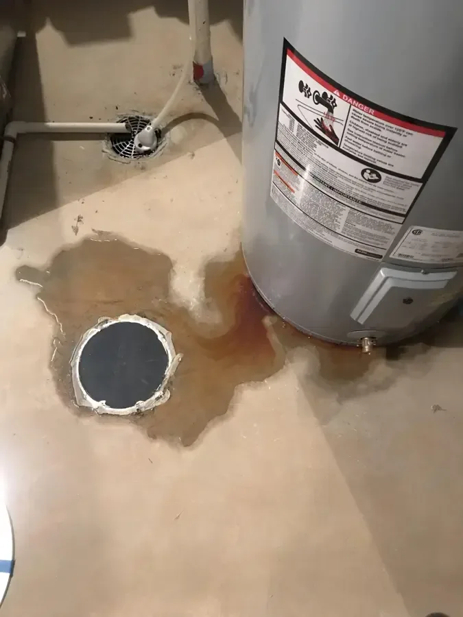 Water pools around a tank-style heater beside a circular floor drain