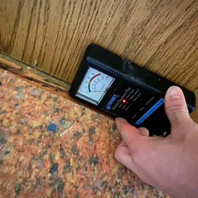 A handheld moisture meter checks wood paneling near the exposed floor edge