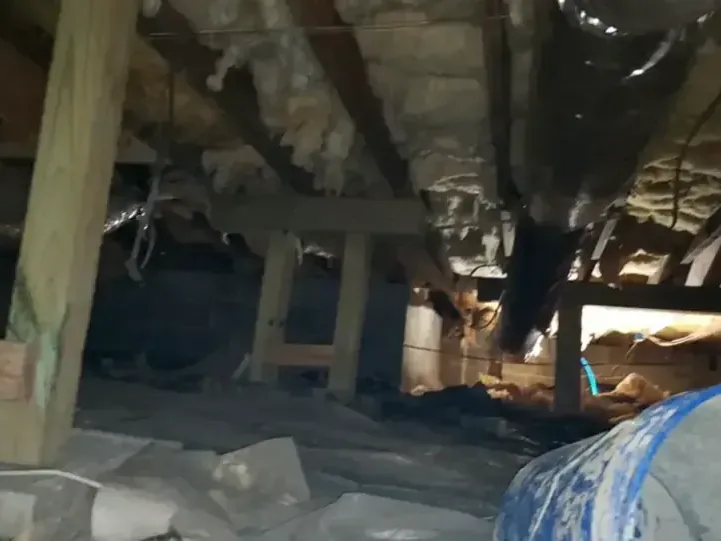 Damp ground cover and exposed joists inside a low crawl space