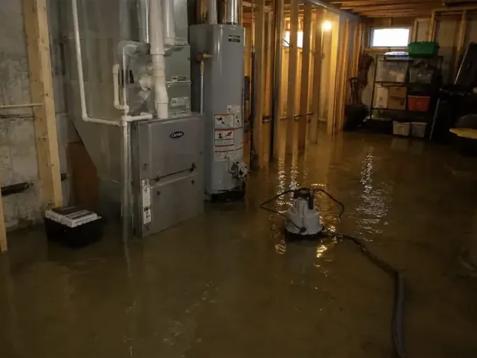 Standing water surrounds a tank-style heater and nearby utility equipment